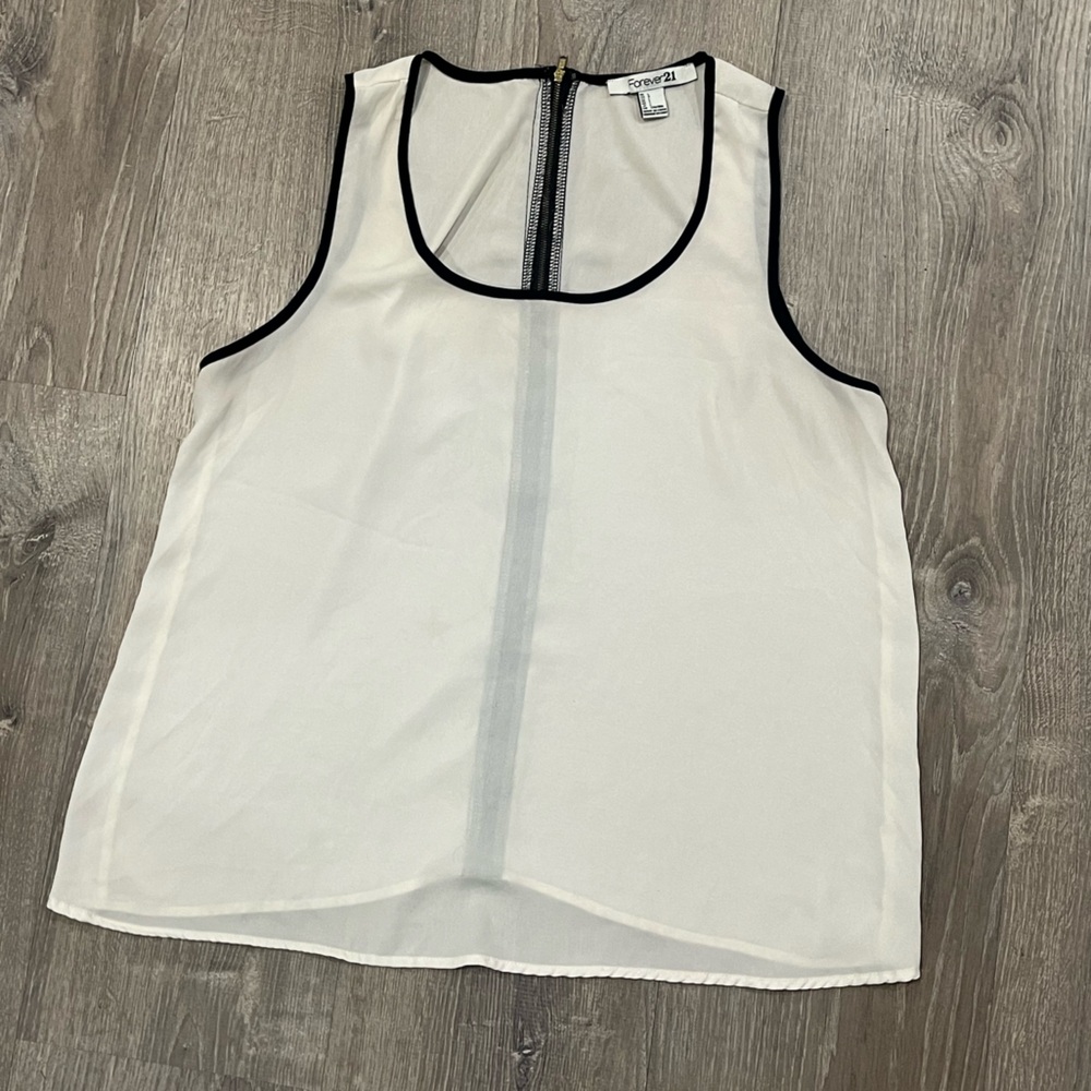Forever 21 Cream Sheer Tank Top with Black Zipper, Size L